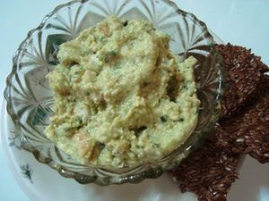 Raw zucchini hummus, served with raw flax crackers for dipping