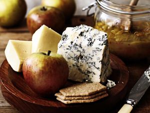 Cheese and chutney on table