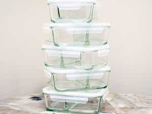 Stacked Prep Naturals Glass Meal Prep Containers displayed on a table