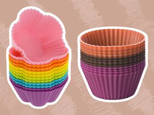 Collage of baking cups we recommend on a tan background