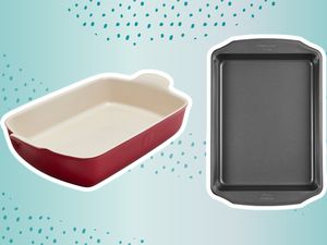 Collage of lasagna bakeware pans we recommend on a blue background