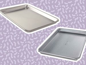 Collage of jelly roll pans we recommend on a purple background