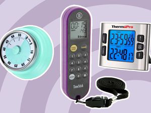 Assortment of kitchen timers outlined in white and displayed on a two-tone purple background