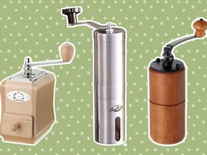 Collage of manual coffee grinders we recommend on a green background