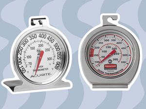 Collage of oven thermometers we recommend on a blue background