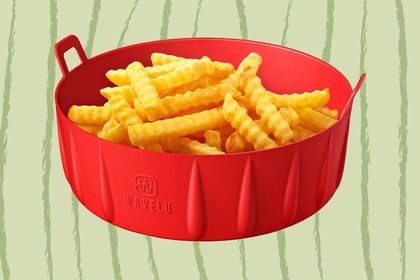 Wavelu Extra Strong Air Fryer Silicone Pot Liner with crinkle fries collaged on a green background