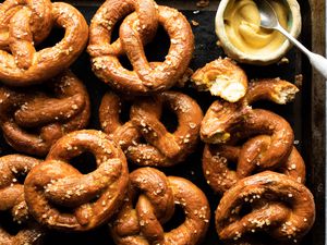 tray of homemade german pretzels 