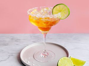 Cadillac margarita on the rocks with salt and a slice of lime