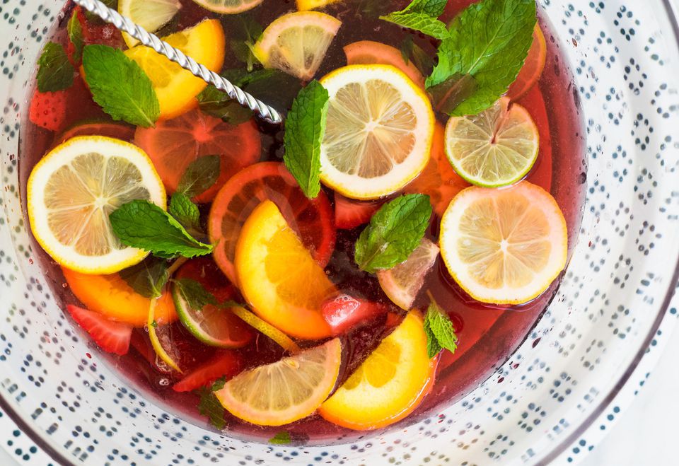 Overhead of a pomegranate Champagne punch in a bowl