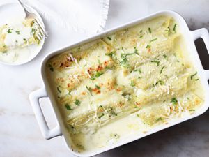 chicken manicotti in a baking dish