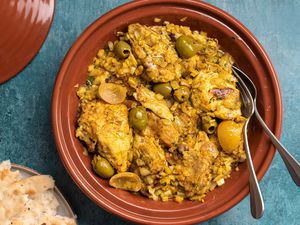 Moroccan chicken tagine recipe in a red bowl