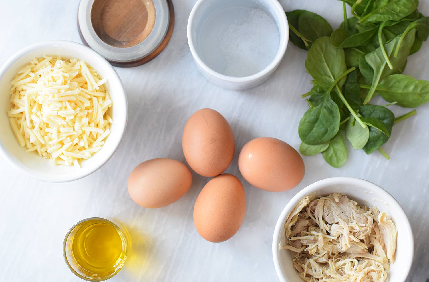 Ingredients for chicken omelet gathered