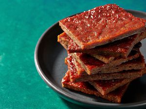 Chinese bbq jerky stacked on a plate