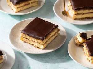 Chocolate Eclair Cake slices on plates 