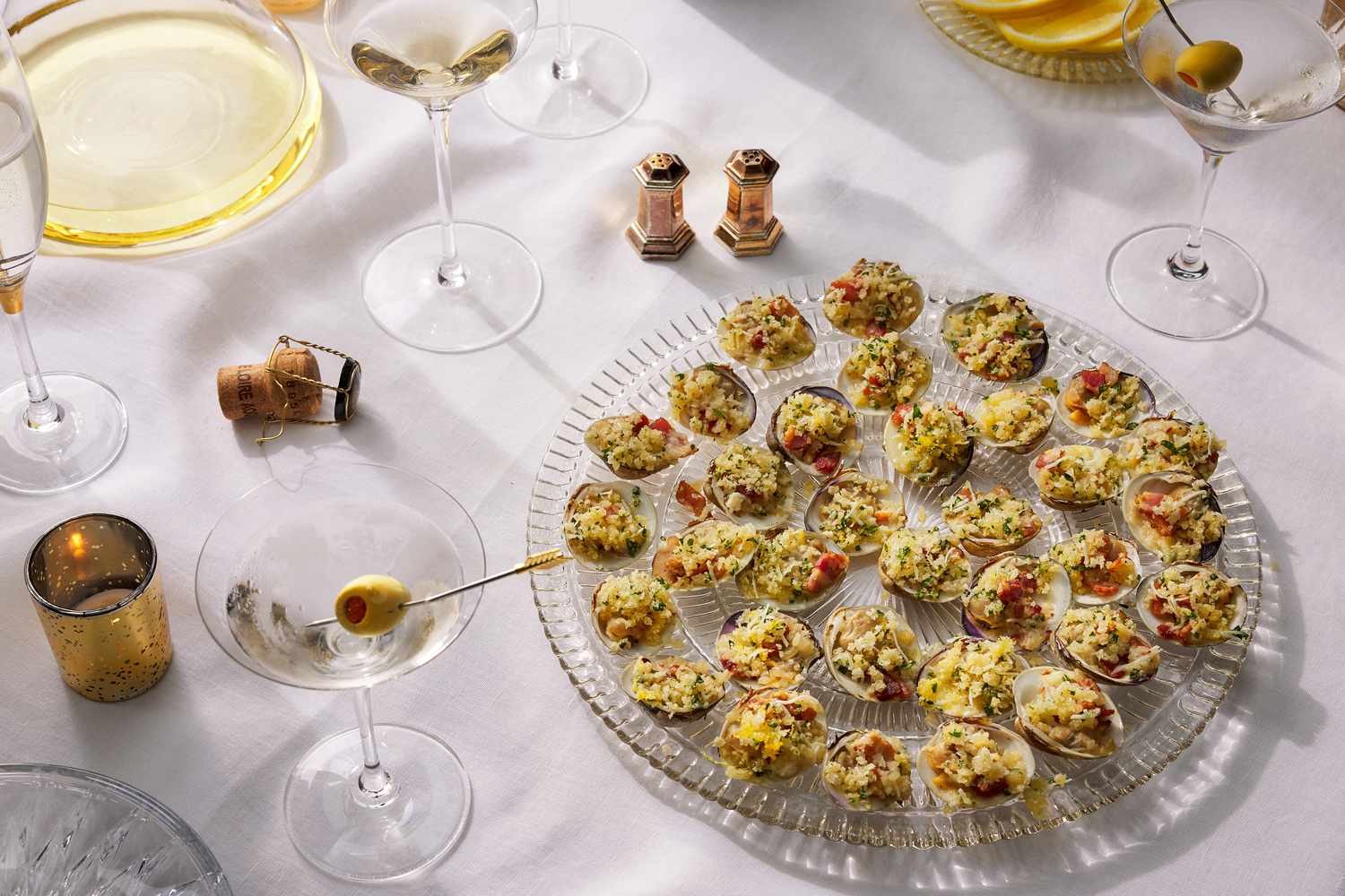 clams casino on platter with martinis