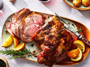 Roast Leg of Lamb on a platter 