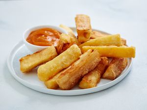 South American Yuca Fries (Yuca Frita) on a white plate