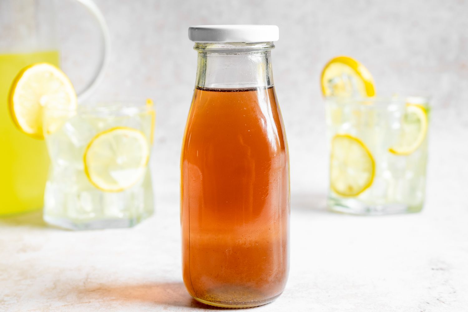 Lavender simple syrup in a glass bottle