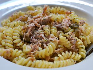 Pasta with Oil-Packed Tuna, Capers, Lemon, Garlic and White Wine