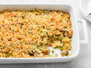 Easy Pork and Noodle Bake in a baking dish 