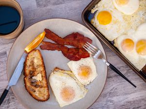 sheet pan eggs bacon toast and coffee