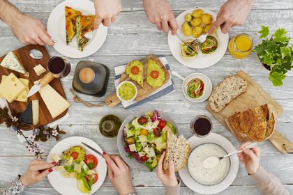 High-angle view of a vegetarian dinner table