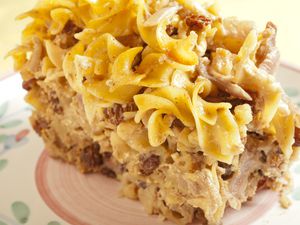 A slice of noodle kugel