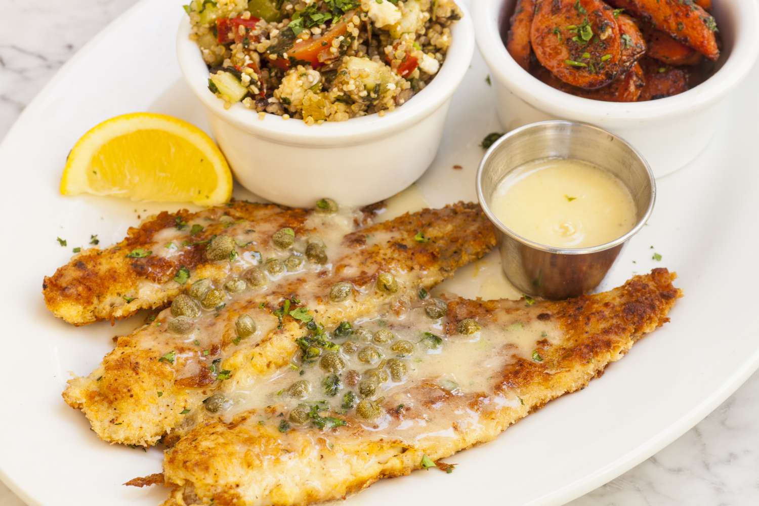 fried sand dabs with quinoa salad