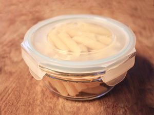 Pasta stored in Glasslock Oven-Safe Container on a table