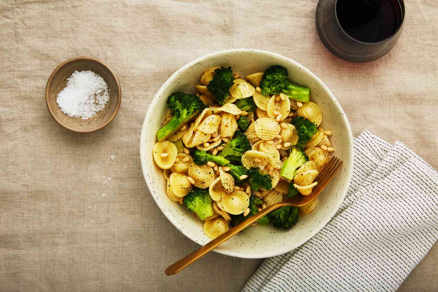 Lemon pasta with pine nuts and broccoli