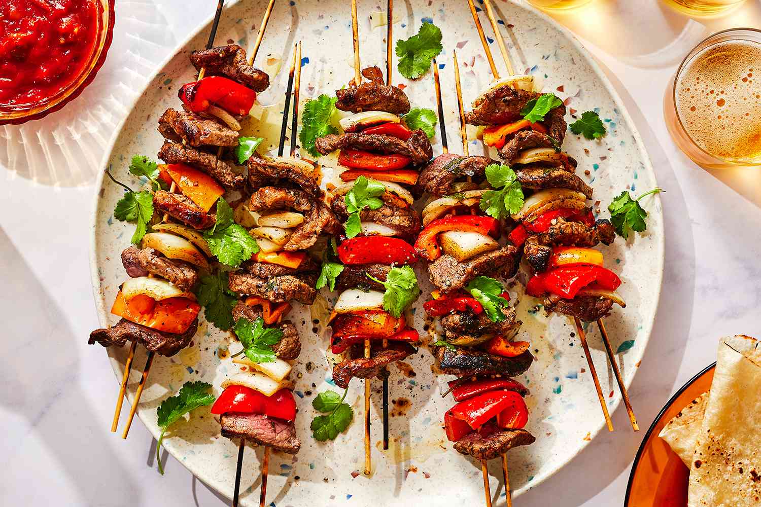 Mexican Fajita Kebabs on a platter 