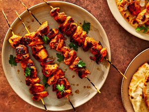 Moroccan Chicken or Turkey Kebabs (Brochettes) on a platter 