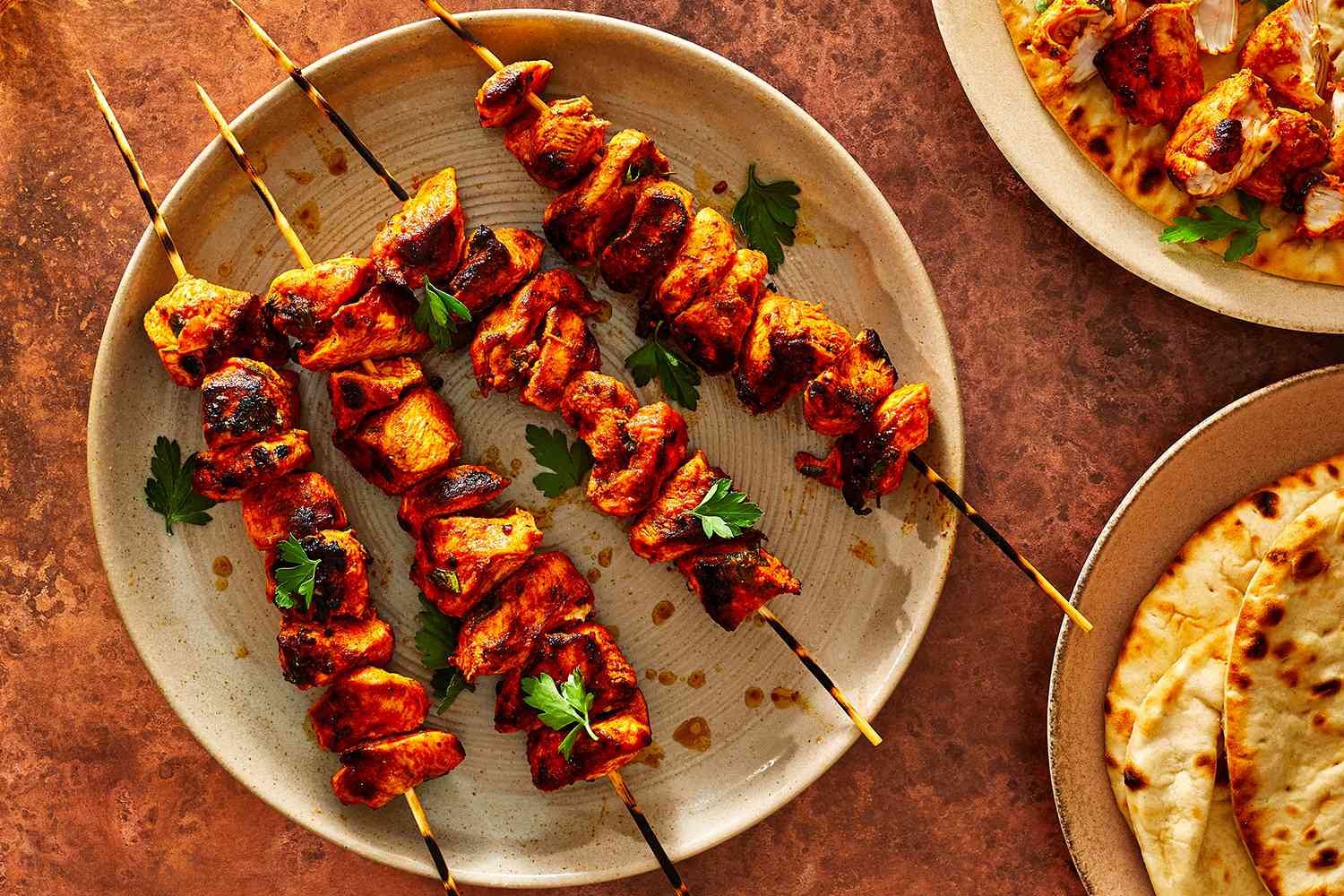 Moroccan Chicken or Turkey Kebabs (Brochettes) on a platter 