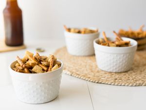 Chex party snack mix in white bowls