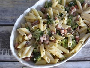 Penne Pasta with Cream, Parmesan Cheese, Broccoli, and Ham