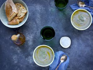 Sicilian fava bean soup topped with fennel