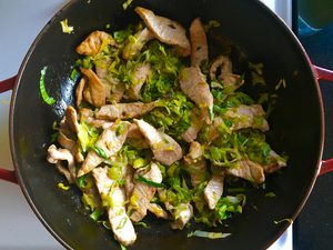 Leek & Pork Stir-Fry in pan