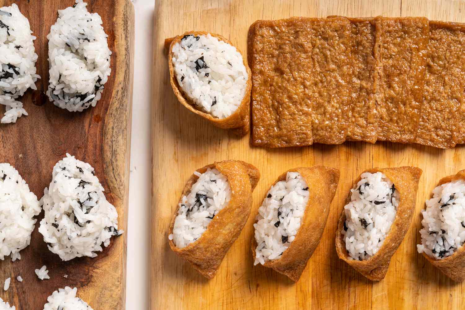 Rice being stuffed tofu pockets (inari sushi)