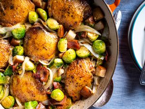 Roasted Chicken Thighs With Brussels Sprouts and Pears