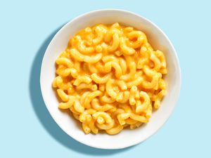 A bowl of prepared box mac and cheese