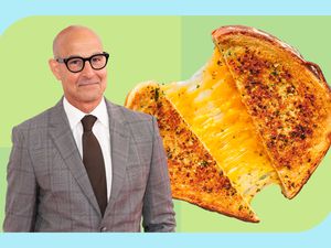 Stanley Tucci in a suit and tie next to a photo of a gooey grilled cheese sandwich