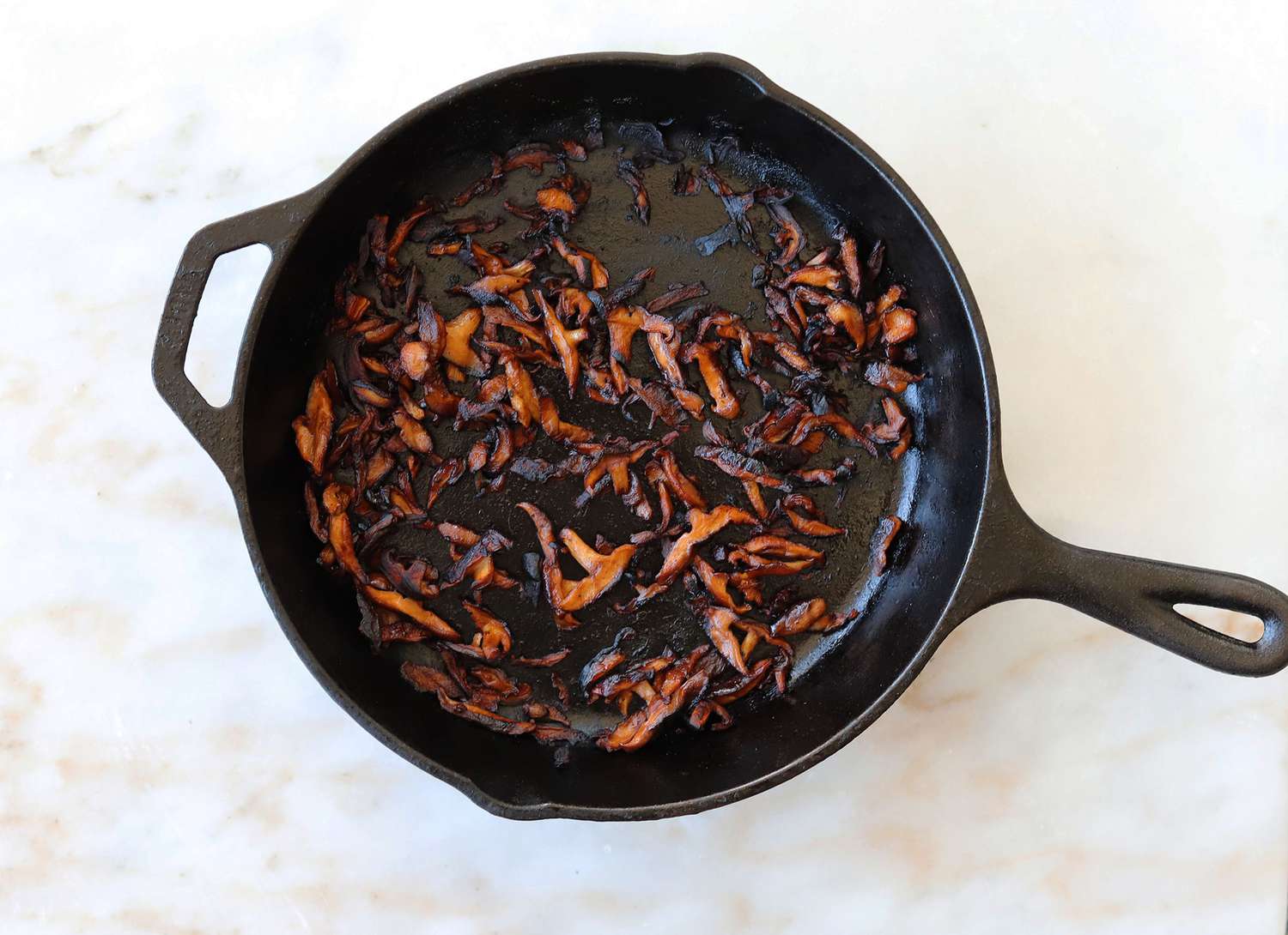 shitake bacon in a skillet