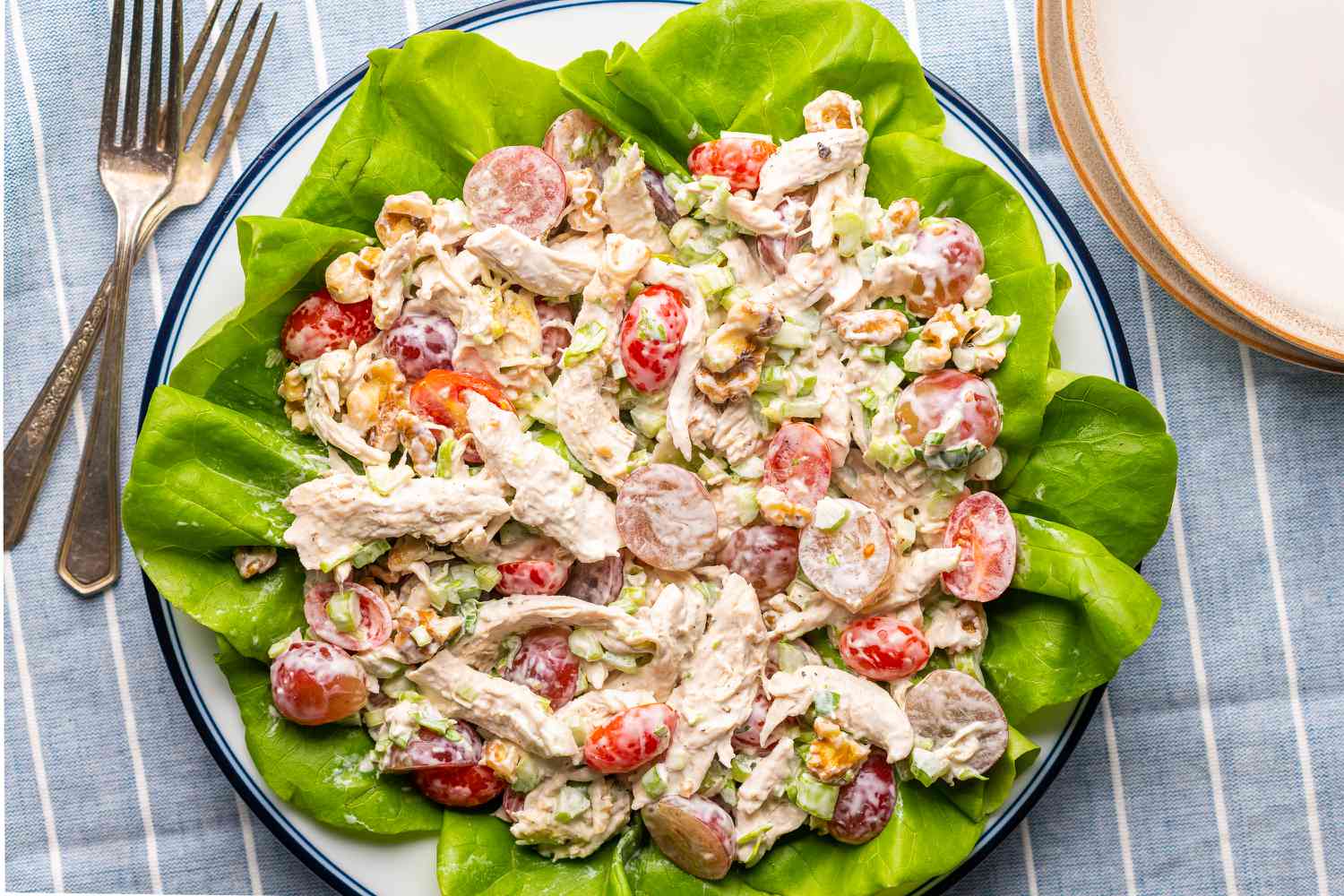 A simple chicken salad with grapes resting on a bed of lettuce 