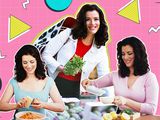 Three photos of Nigella Lawson cooking on a graphic design background