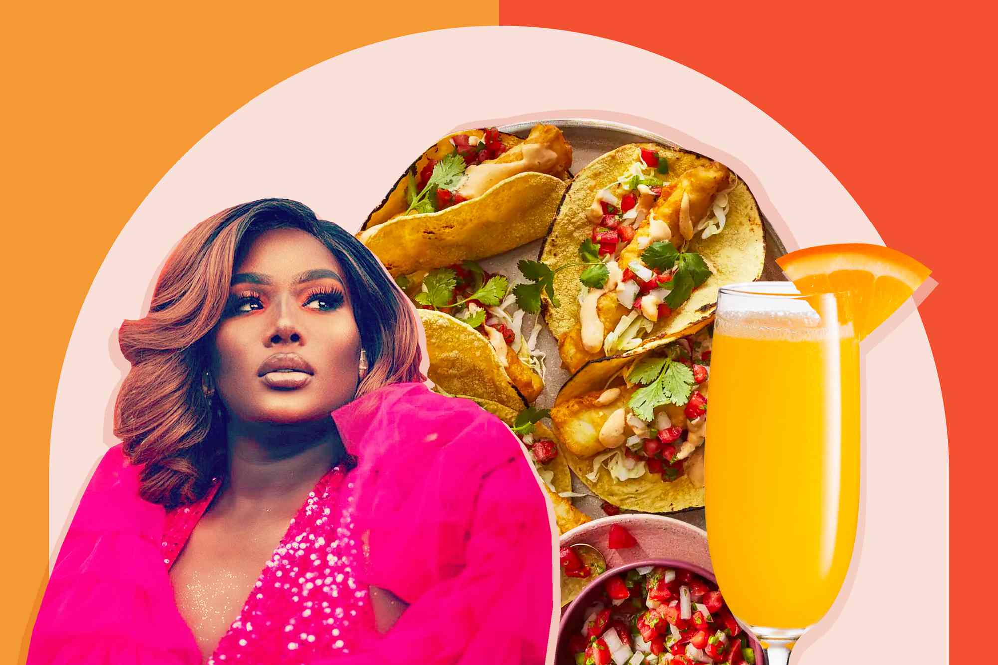 Photo composite of Alicia Love Williams, breakfast tacos, and a mimosa