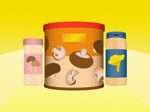 An illustration of three colorful containers, each showing illustrated mushrooms on their labels