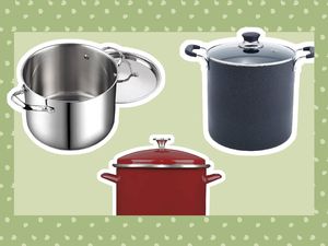 Best stockpots collaged against green polka dot background