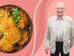 A plate of crispy potato pancakes next to a photo of Jacques PÃ©pin, all on a pink background