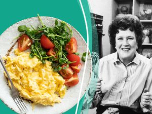 Julia Child and a plate of scrambled eggs.