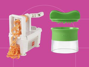 Collage of two spiralizer we recommend on a pink background